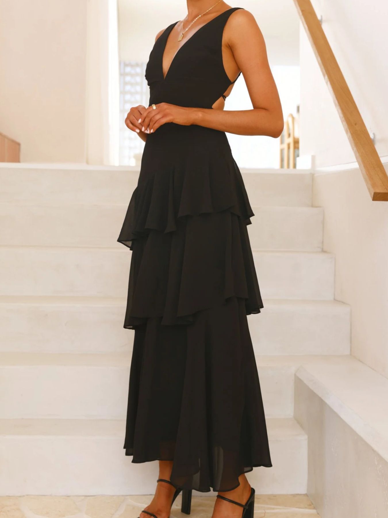 Sleeveless Ruffled Layered Backless Maxi Dress-Nordavory
