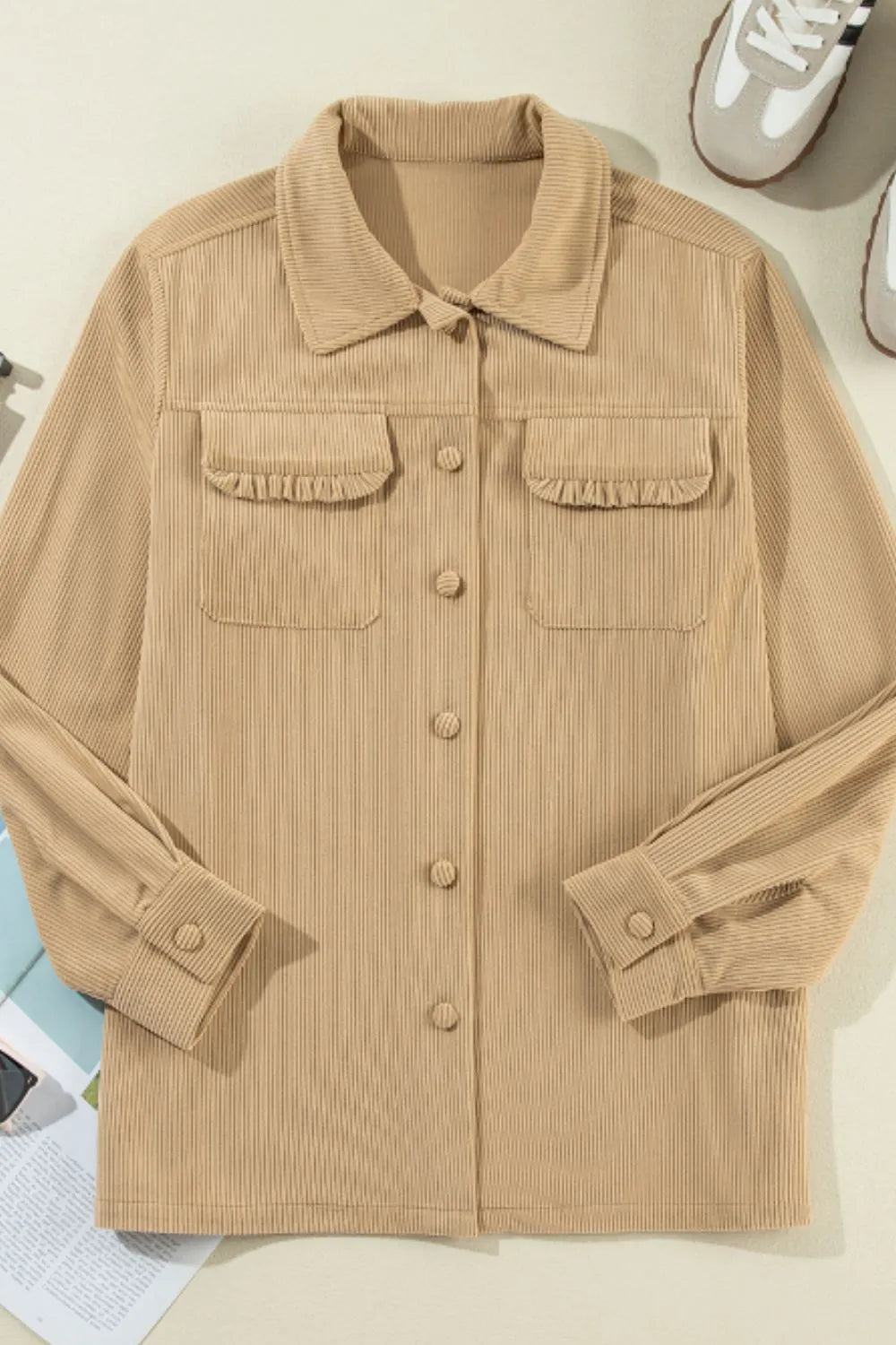 Frill Button Up Long Sleeve Shacket-Nordavory