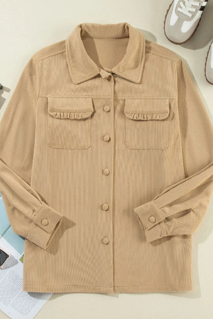 Frill Button Up Long Sleeve Shacket-Nordavory