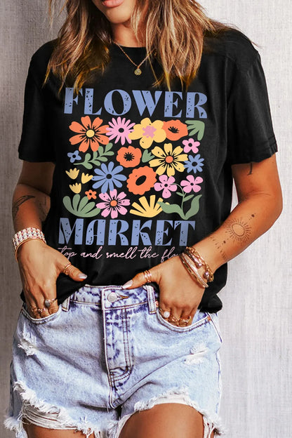 Flower Market Graphic Round Neck T-Shirt-Nordavory
