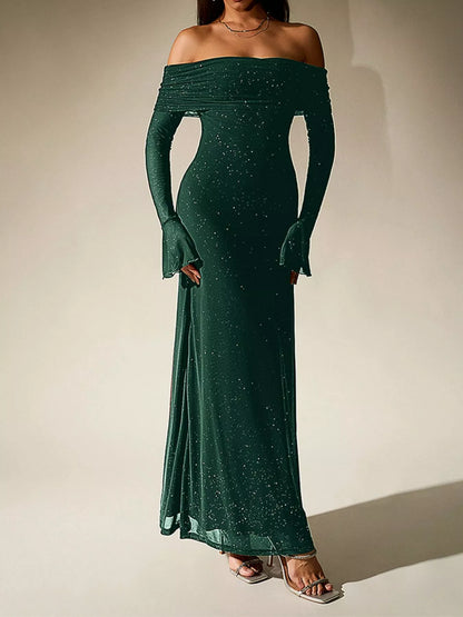 Glitter Off-Shoulder Maxi Dress-Nordavory