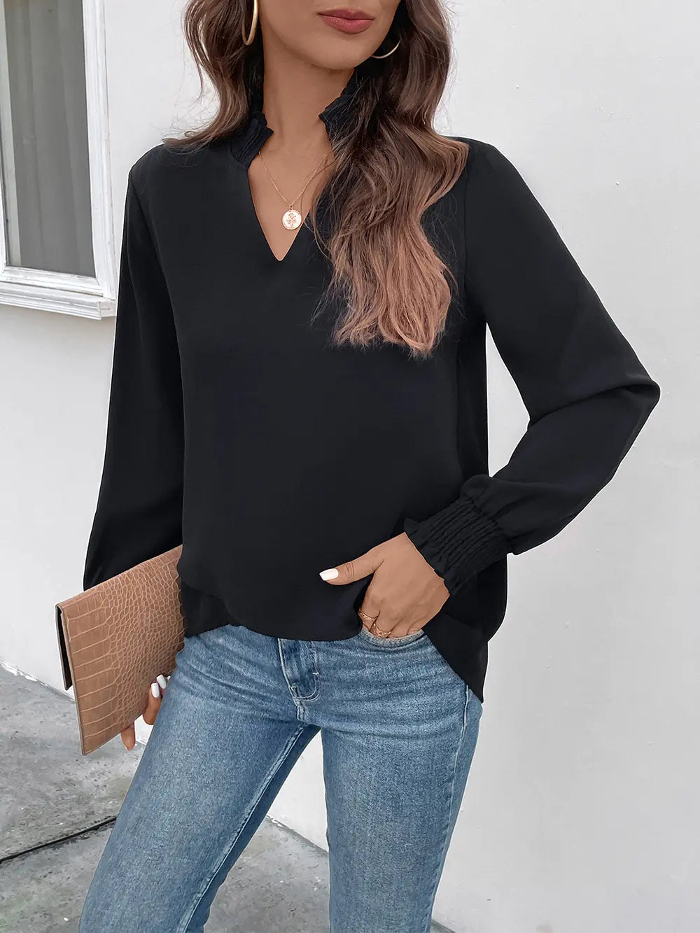 Perfee Smocked Notched Long Sleeve Blouse-Nordavory