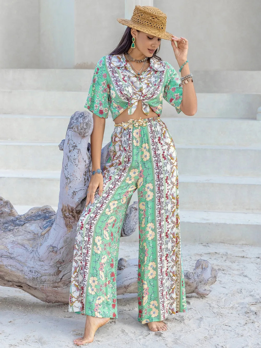 Printed Half Sleeve Top and Wide Leg Pants Set-Nordavory