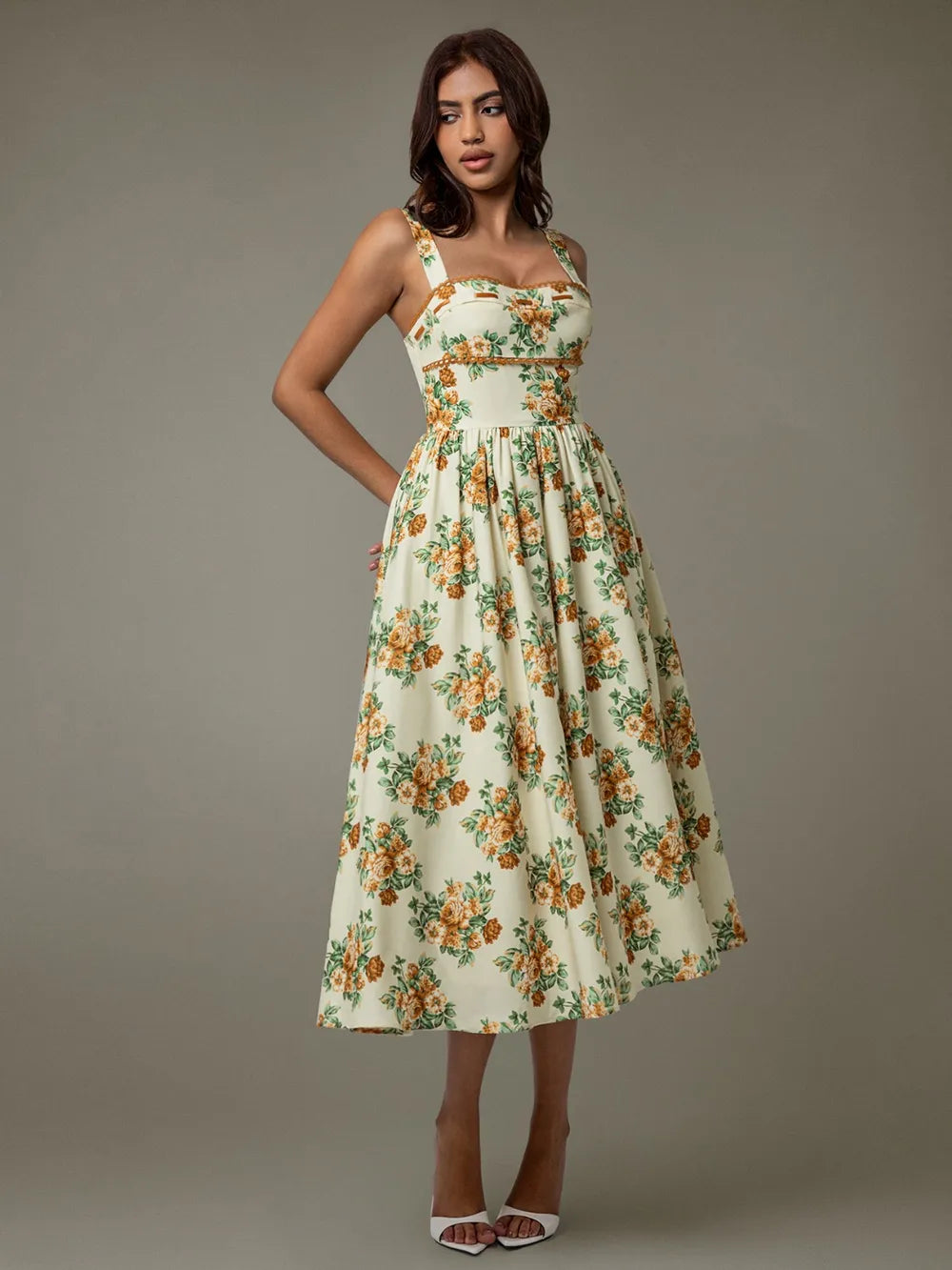 Lace Trim Floral Sleeveless Midi Dress-Nordavory