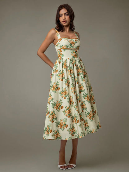 Lace Trim Floral Sleeveless Midi Dress-Nordavory