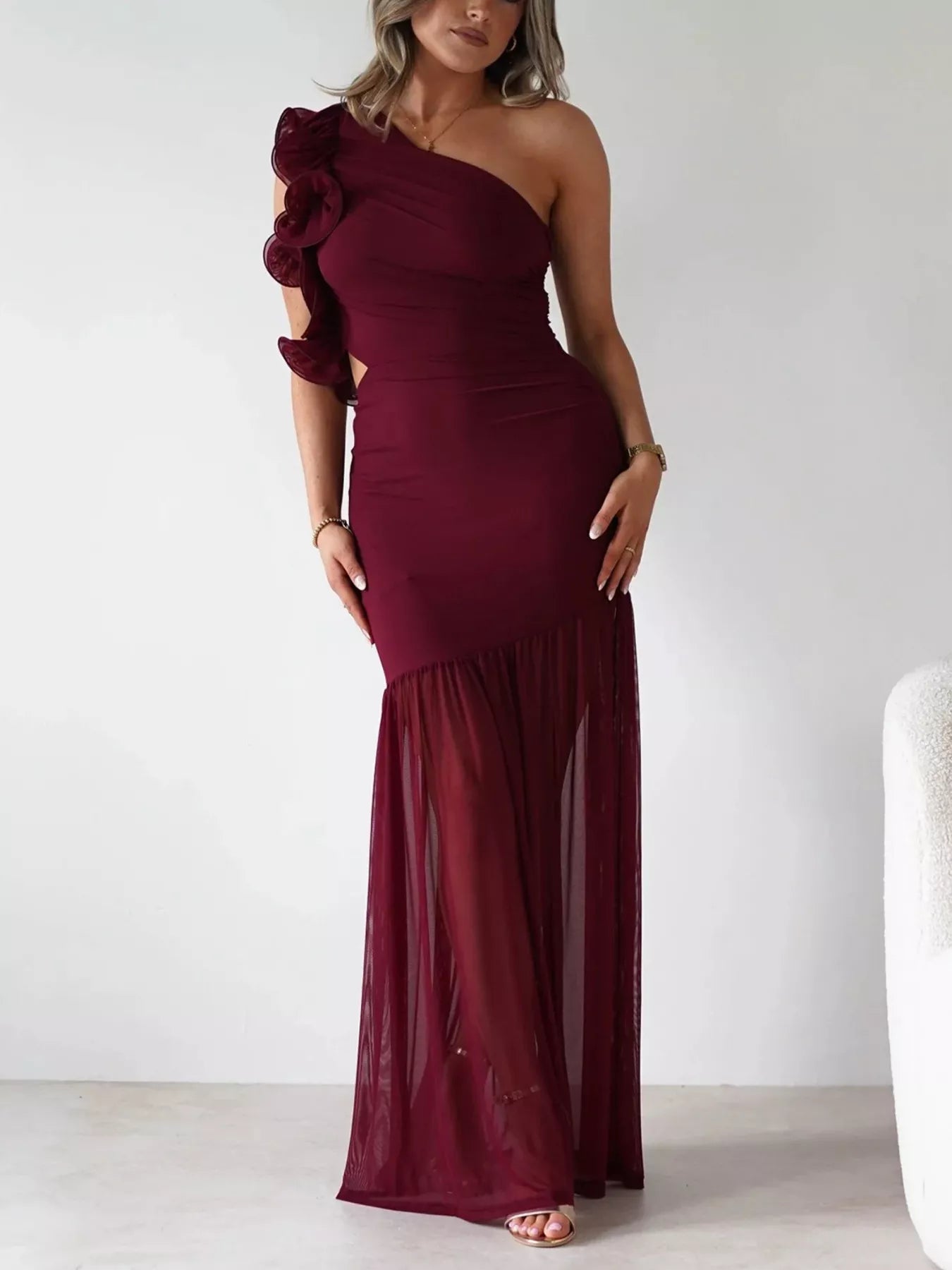 One-Shoulder Ruffle Trim Maxi Dress-Nordavory