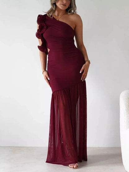 One-Shoulder Ruffle Trim Maxi Dress-Nordavory