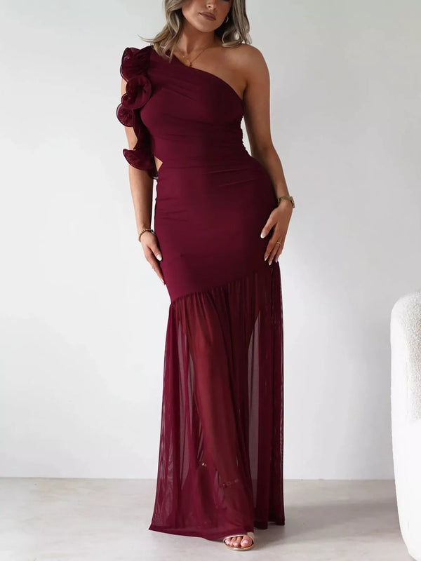 One-Shoulder Ruffle Trim Maxi Dress-Nordavory