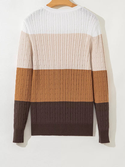 Colorblock Cable Knit Round Neck Sweater-Nordavory