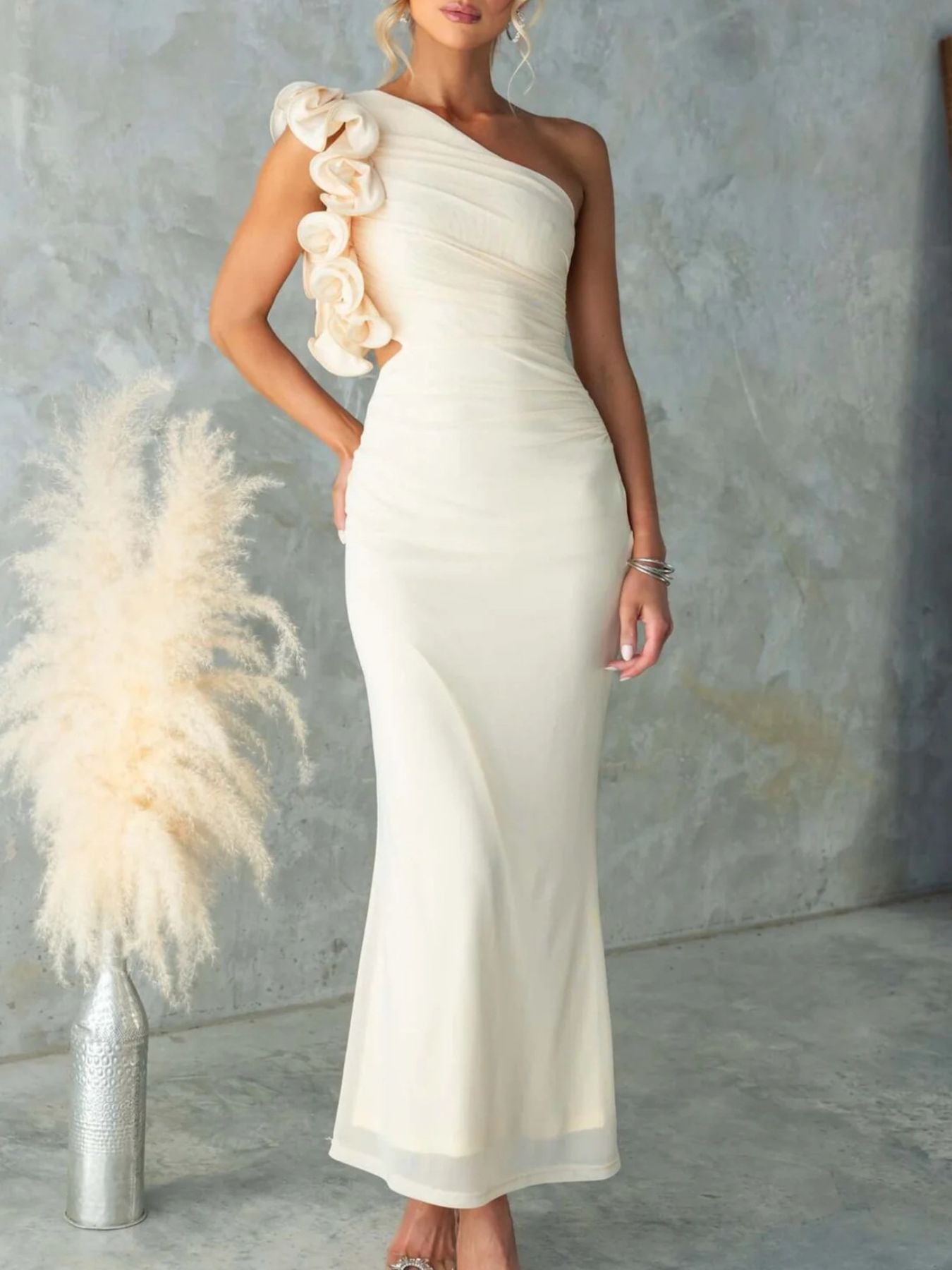One-Shoulder Floral Trim Sleeveless Maxi Dress-Nordavory