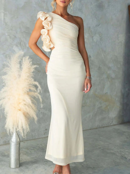 One-Shoulder Floral Trim Sleeveless Maxi Dress-Nordavory