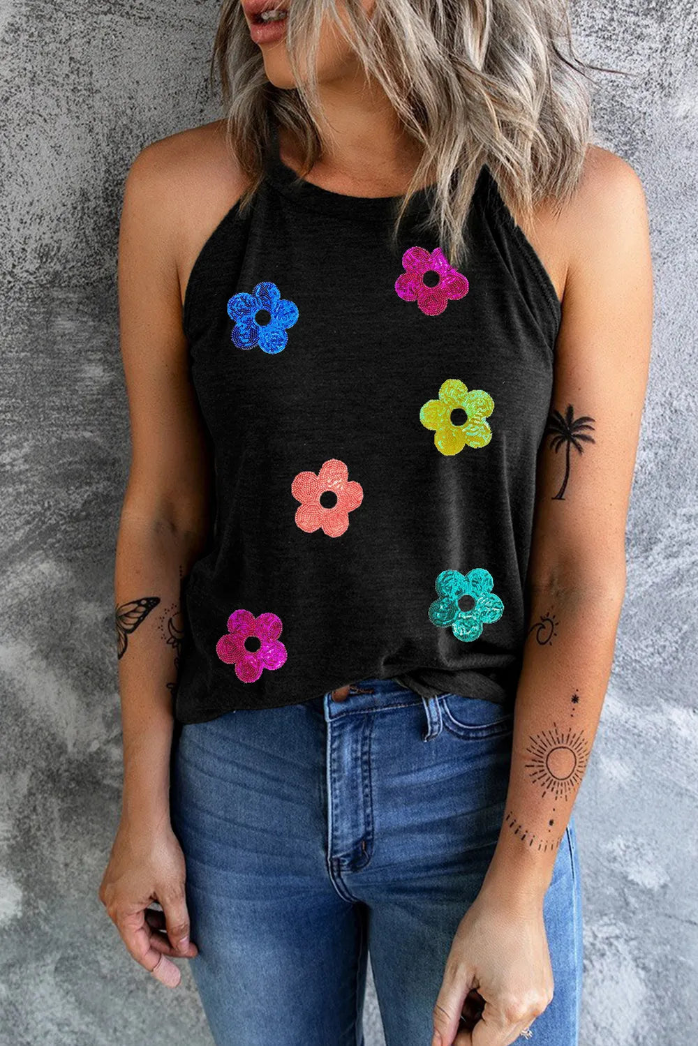 Sequin Flower Round Neck Tank-Nordavory