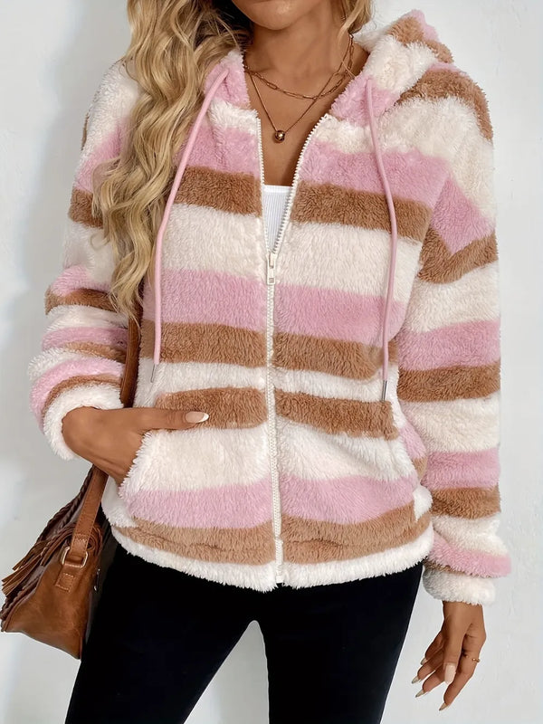 Drawstring Striped Zip Up Hooded Jacket-Nordavory