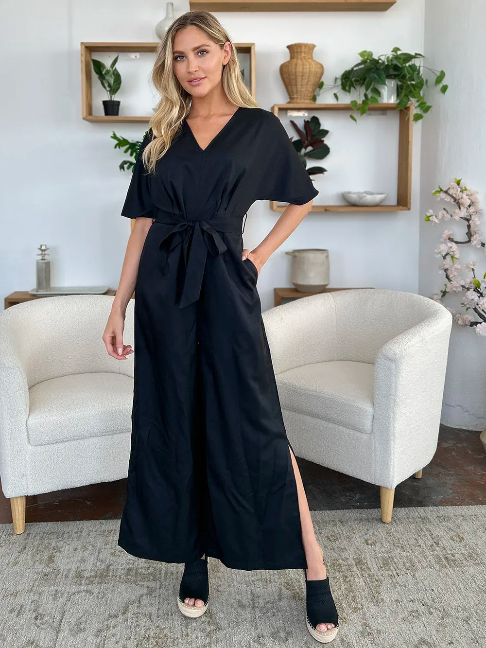 Double Take Full Size V-Neck Tied Side Slit Jumpsuit-Nordavory
