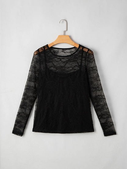 Lace Crochet Mesh Patched Slim Fit Long Sleeve Top-Nordavory