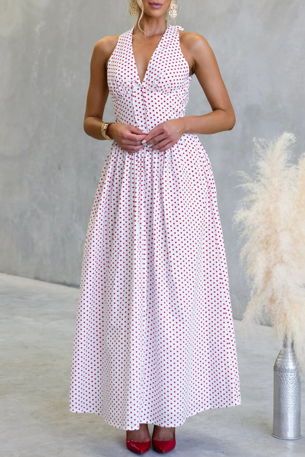 Backless Polka Dot Halter Neck Maxi Dress-Nordavory