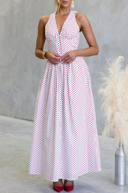 Backless Polka Dot Halter Neck Maxi Dress-Nordavory