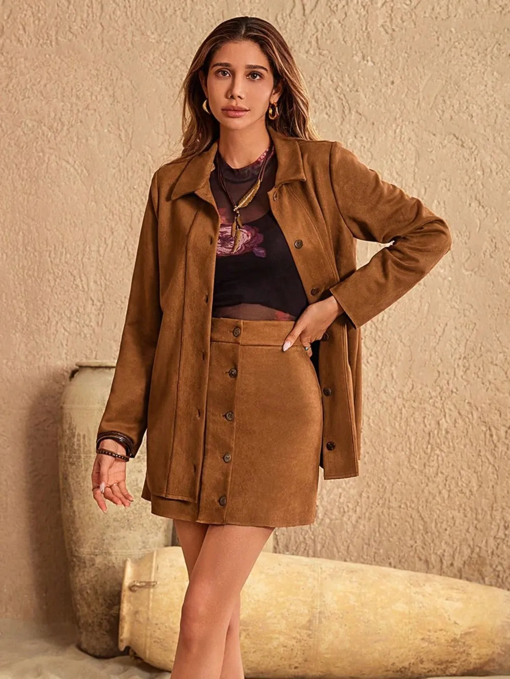 Button Up Collared Neck Jacket and Skirt Set-Nordavory