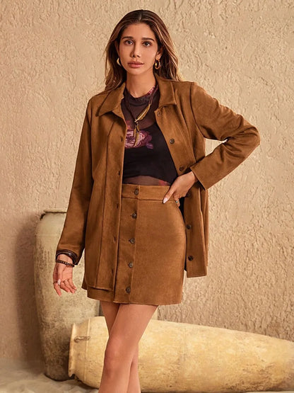 Button Up Collared Neck Jacket and Skirt Set-Nordavory
