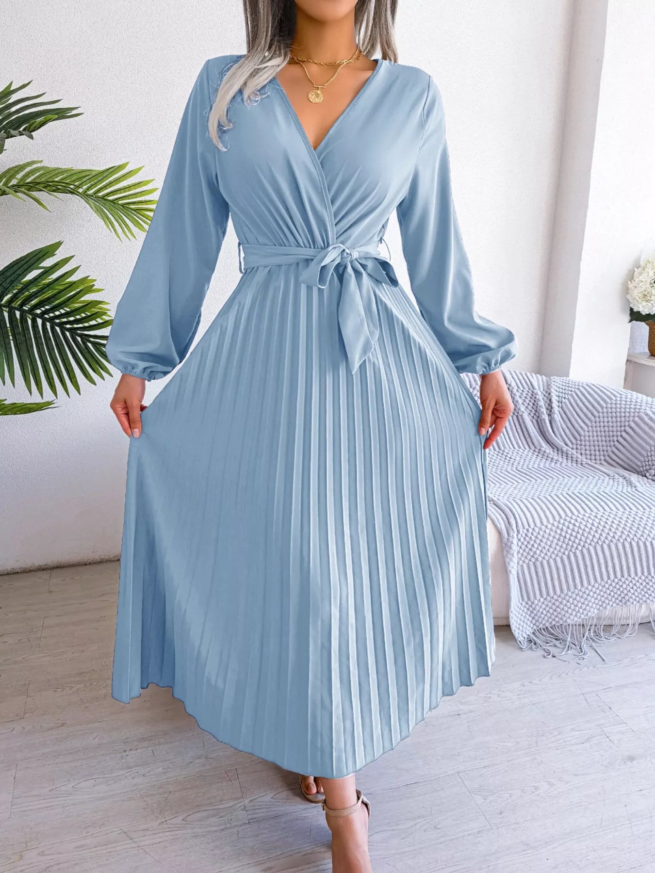 Elegant Pleated Front Tie Long Sleeve Dress-Nordavory