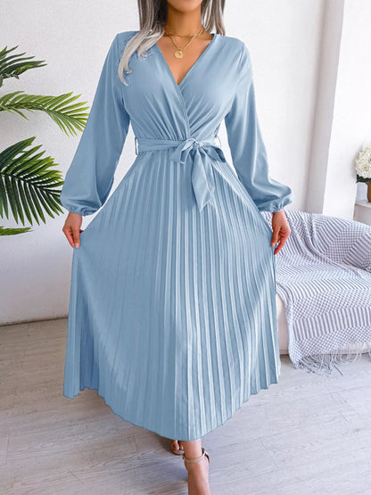 Elegant Pleated Front Tie Long Sleeve Dress-Nordavory