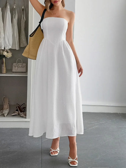 Strapless A-Line Midi Dress with Pockets-Nordavory