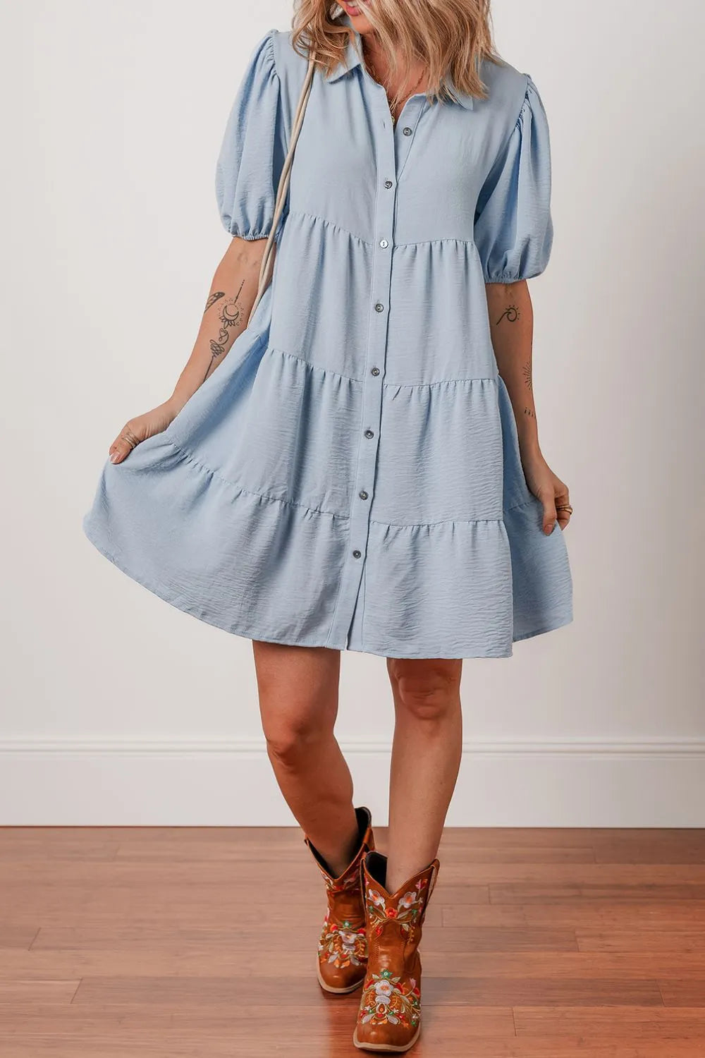 Button Up Puff Sleeve Tiered Shirt Dress-Nordavory