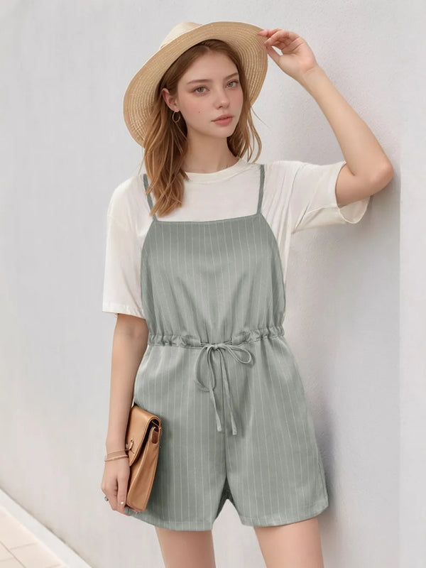 Perfee Drawstring Waist Striped Overalls with Pockets-Nordavory