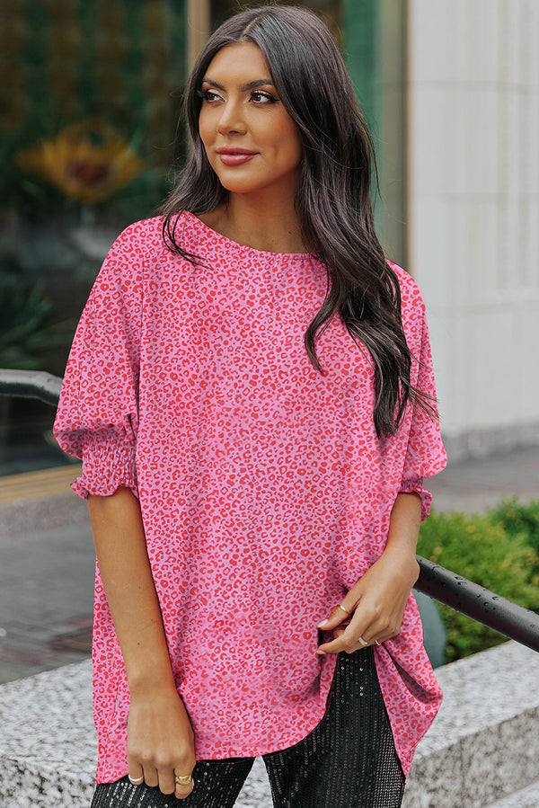 Leopard Smocked Flounce Sleeve Blouse-Nordavory