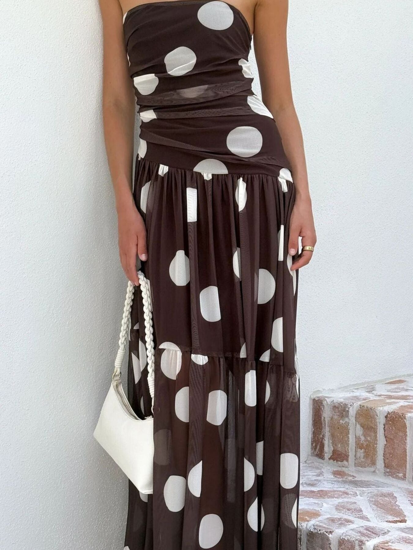 Polka Dot Strapless Ruched Maxi Dress-Nordavory