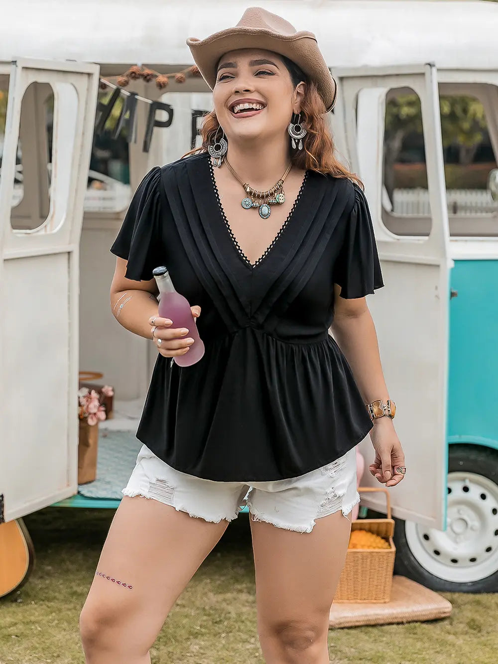 Plus Size V-Neck Flutter Sleeve Blouse-Nordavory