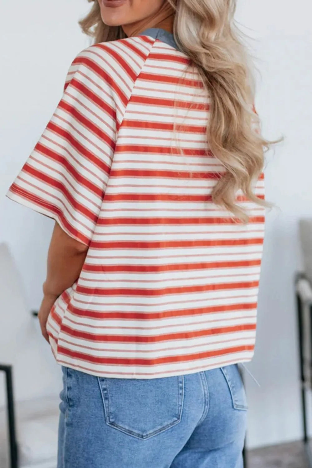 Stripe Print Contrast Collar Raglan Sleeve T Shirt-Nordavory