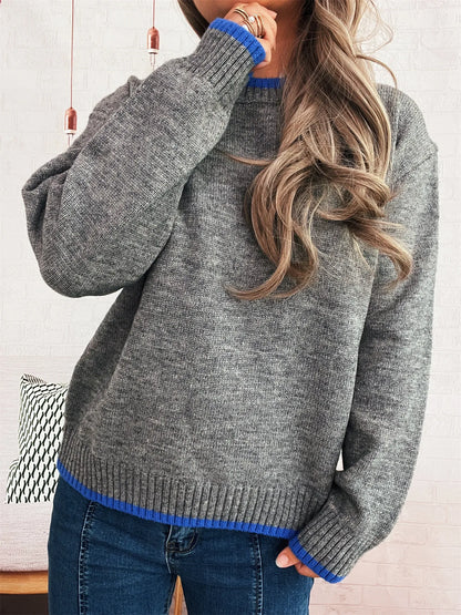 Ribbed Contrast Trim Long Sleeve Sweater-Nordavory
