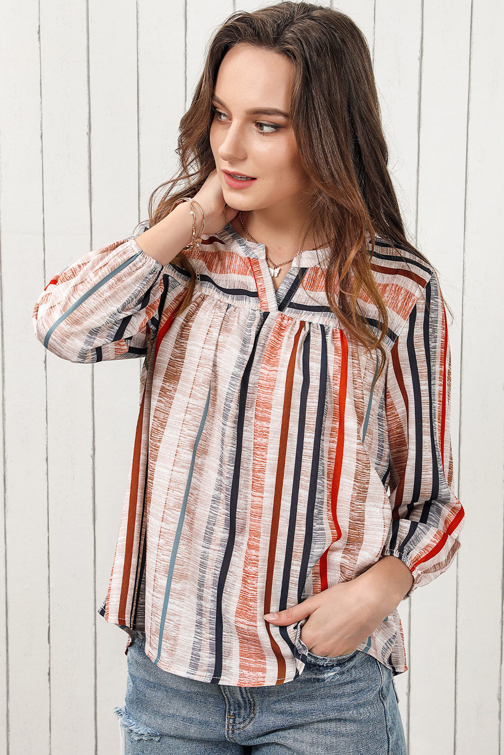 Multicolored Stripe Notched Neck Top-Nordavory