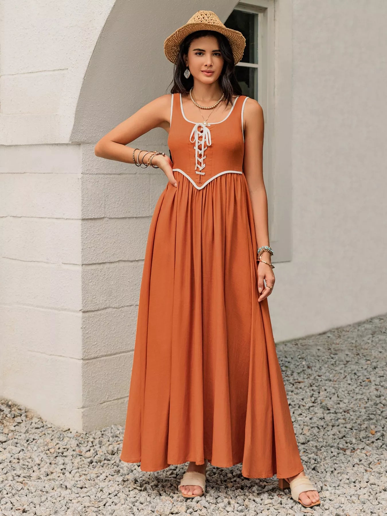 Contrast Trim Lace-Up Maxi Tank Dress-Nordavory