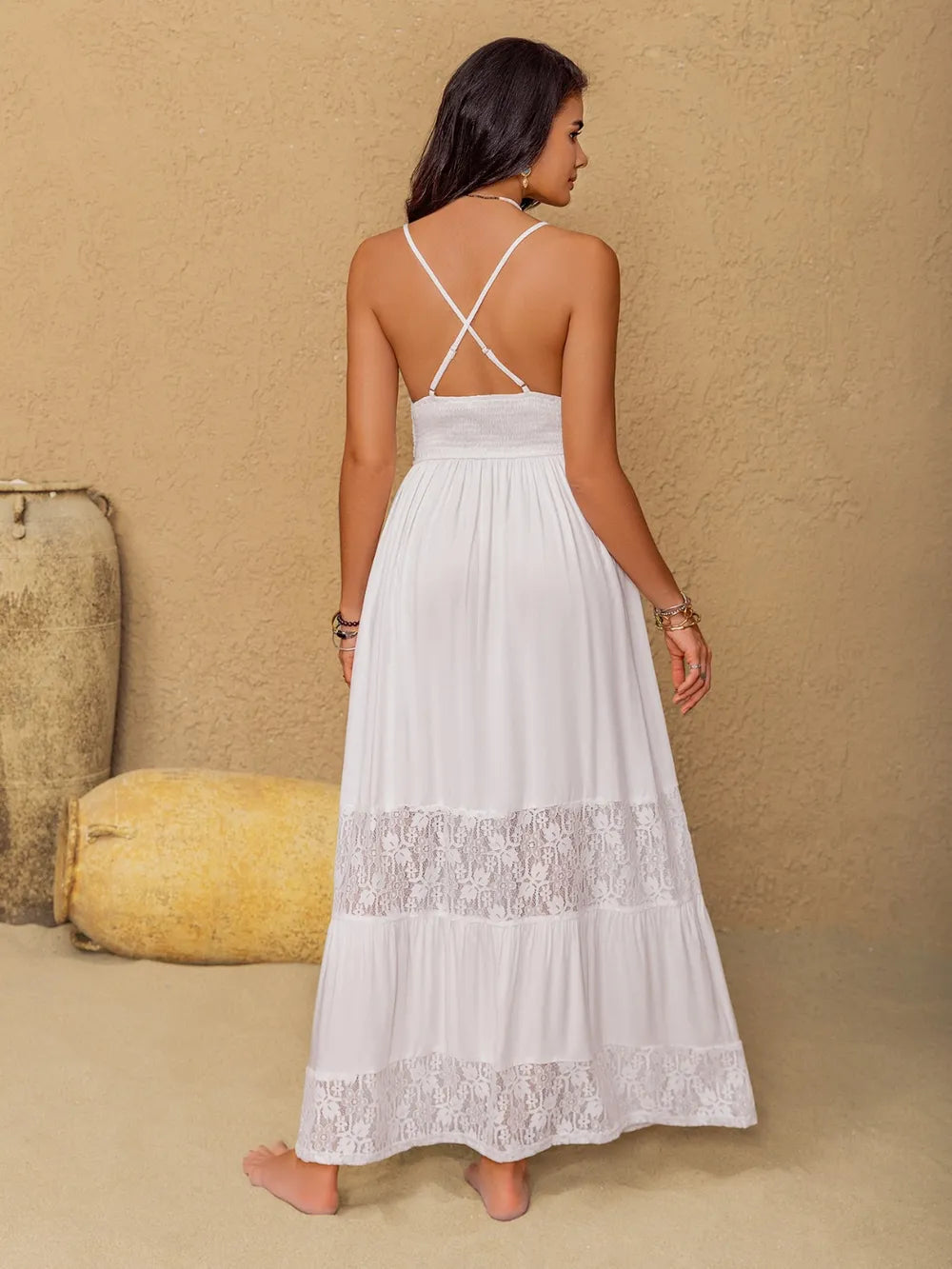 Lace Detail Crochet Tiered Maxi Cami Dress-Nordavory
