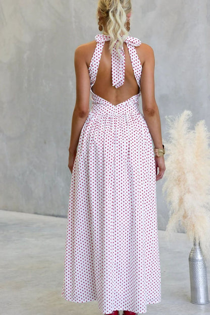 Backless Polka Dot Halter Neck Maxi Dress-Nordavory