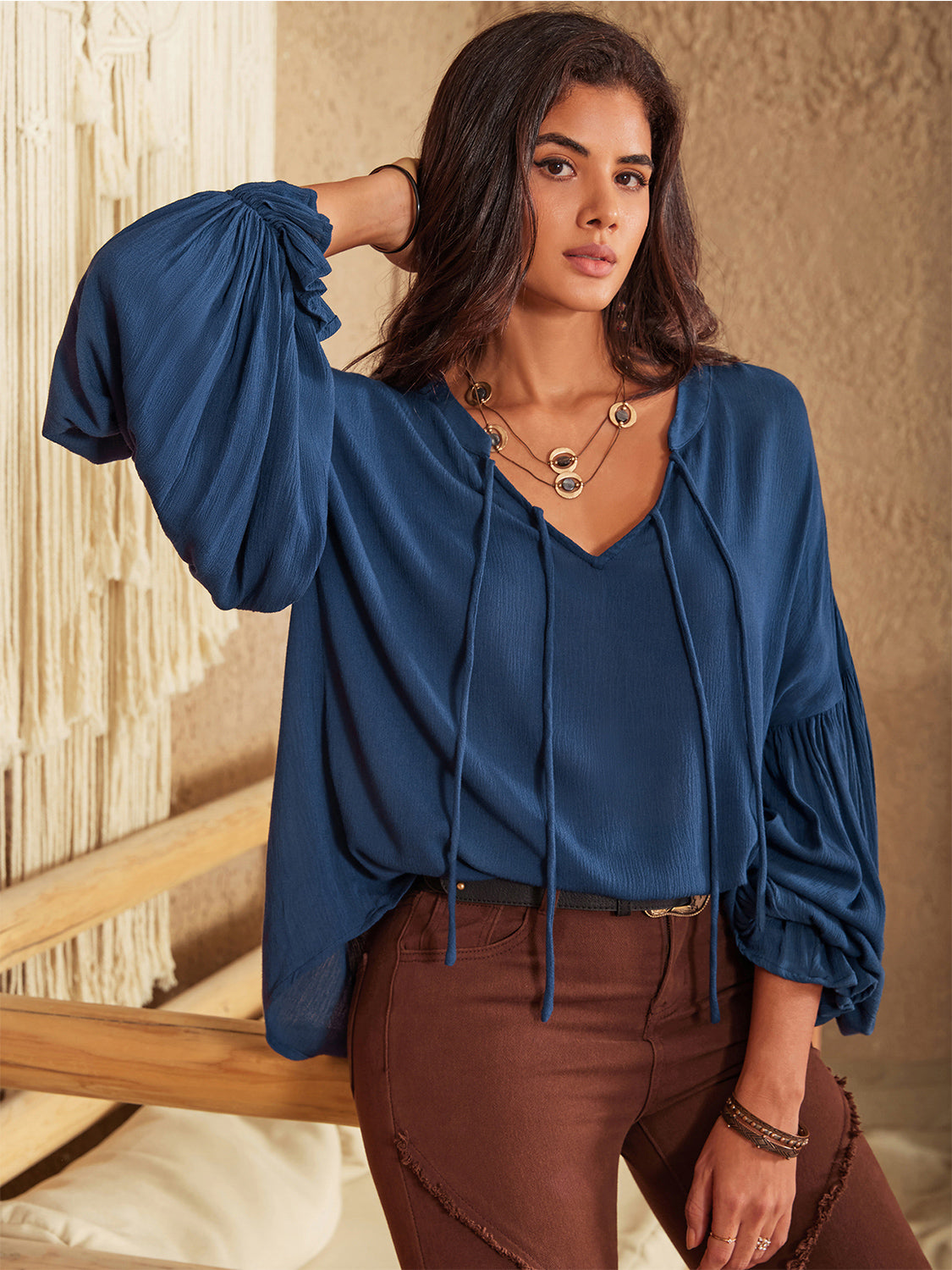 Tie Neck Long Sleeve Blouse-Nordavory