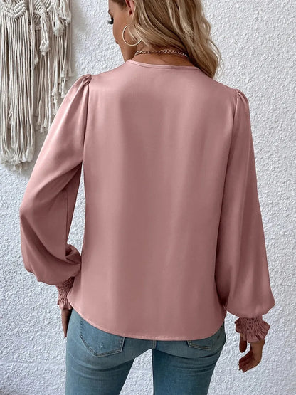 Surplice Smocked Lantern Sleeve Blouse-Nordavory