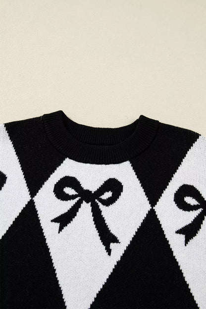 Bow Pattern Long Sleeve Contrast Sweater-Nordavory