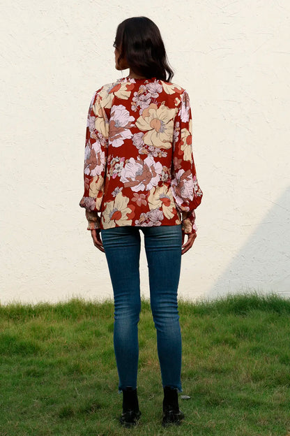 Floral V-Neck Smocked Lantern Sleeve Blouse-Nordavory