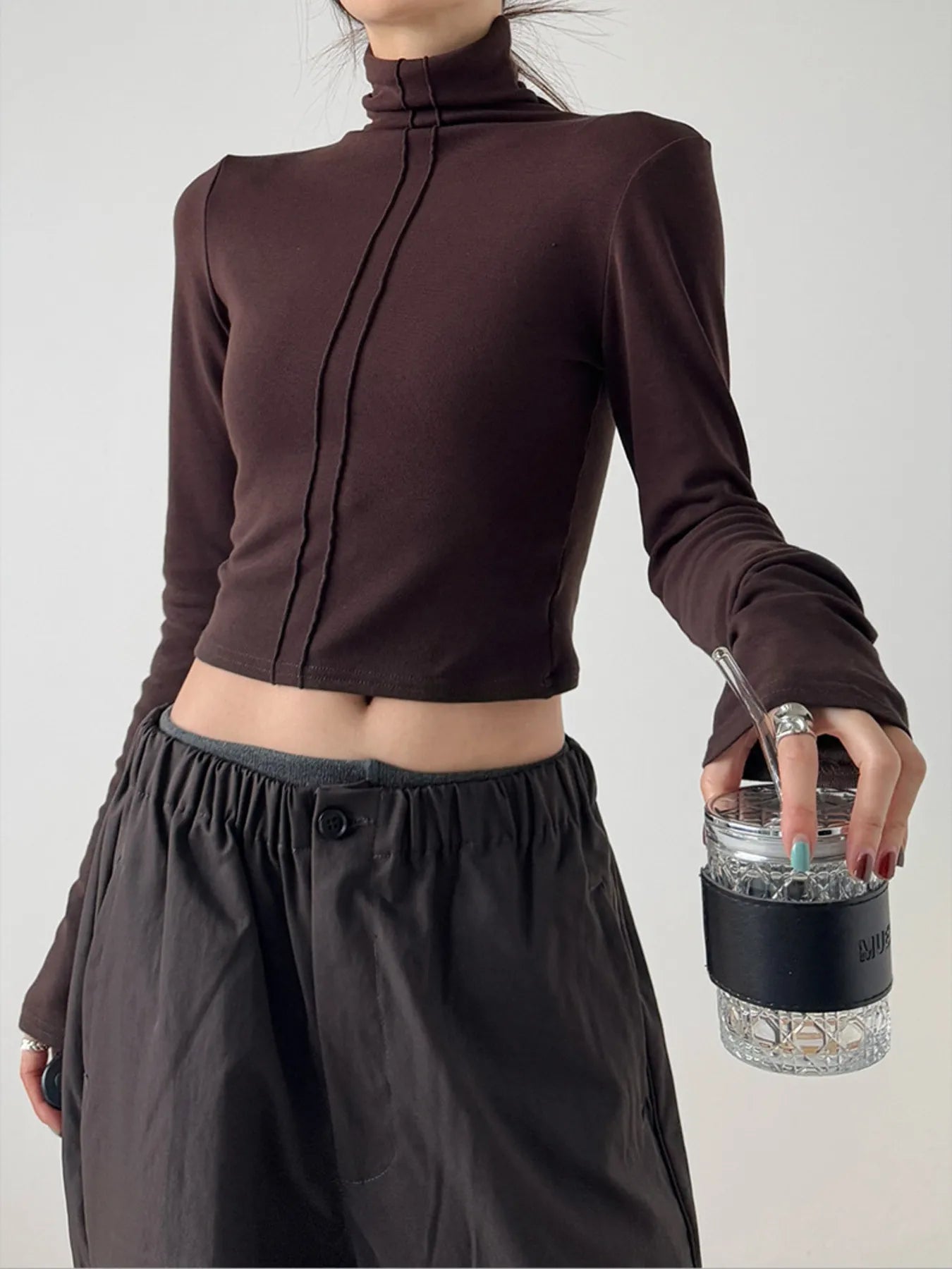 High Neck Long Sleeve Cropped T-Shirt-Nordavory