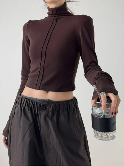 High Neck Long Sleeve Cropped T-Shirt-Nordavory