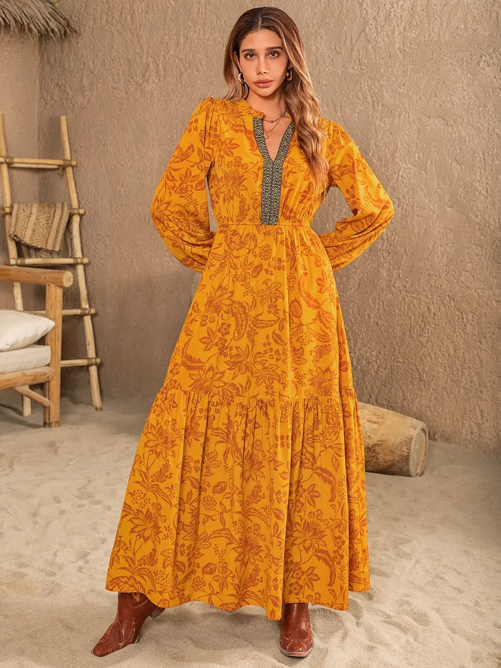 Printed Notched Balloon Sleeve Dress-Nordavory