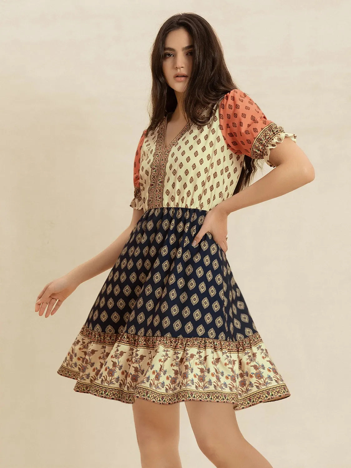 Printed V-Neck Short Sleeve Dress-Nordavory