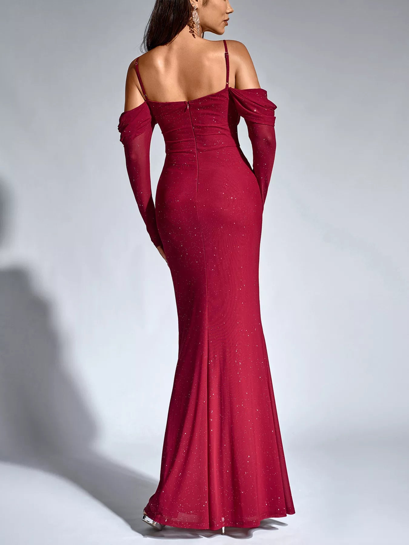 Glitter Ruched Long Sleeve Mermaid Maxi Dress-Nordavory