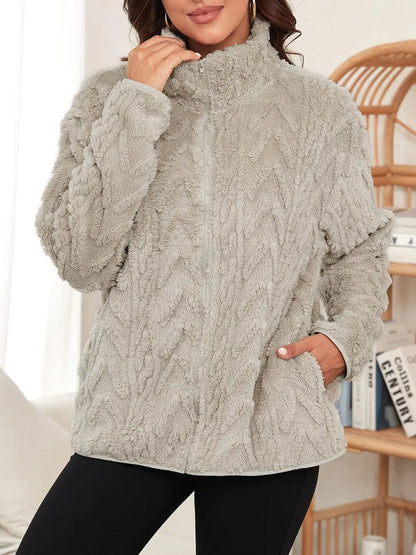 Fuzzy Zip Up Long Sleeve Jacket-Nordavory