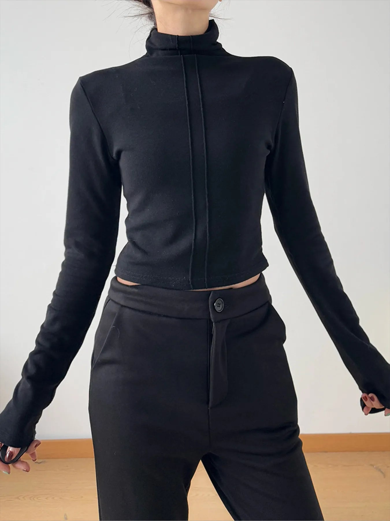 High Neck Long Sleeve Cropped T-Shirt-Nordavory