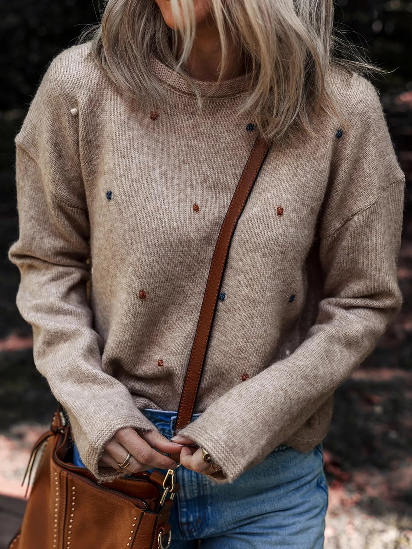 Contrast Colored Dot Detail Drop Shoulder Sweater-Nordavory