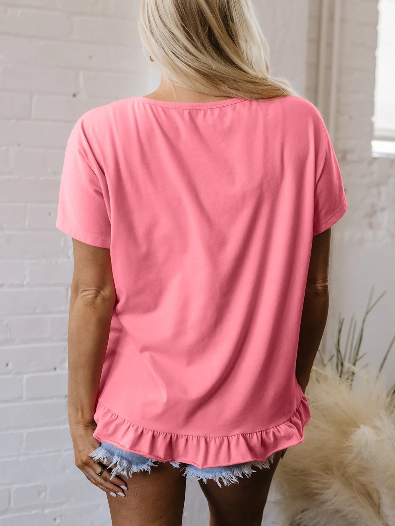 Ruffle Hem Round Neck Relaxed T-Shirt-Nordavory